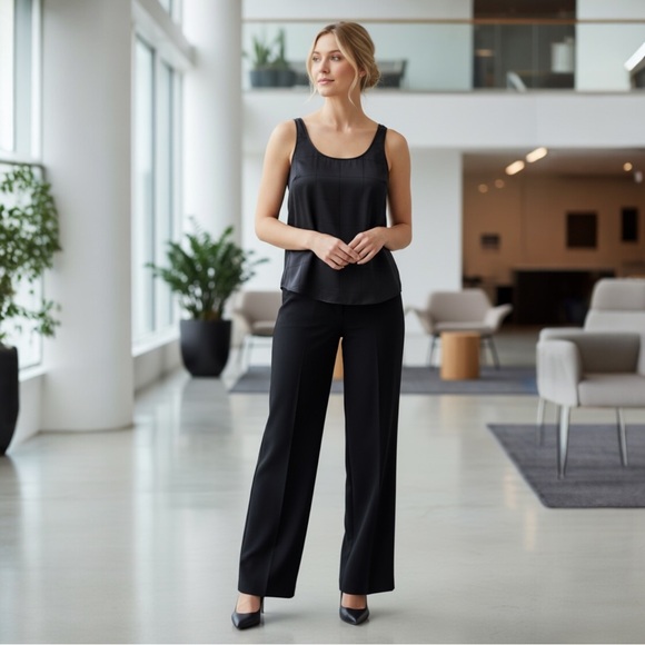 Eileen Fisher Tops - Eileen Fisher Windowpane Pattern Stretch Silk Tank Black SZ L